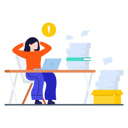 Lady working on laptop with lots of Business documents Illustration