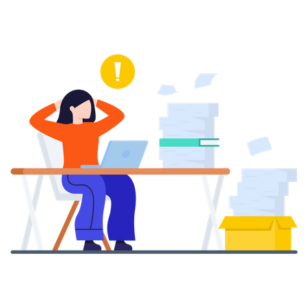 Lady working on laptop with lots of Business documents  Illustration