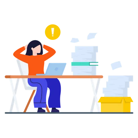 Lady working on laptop with lots of Business documents  Illustration