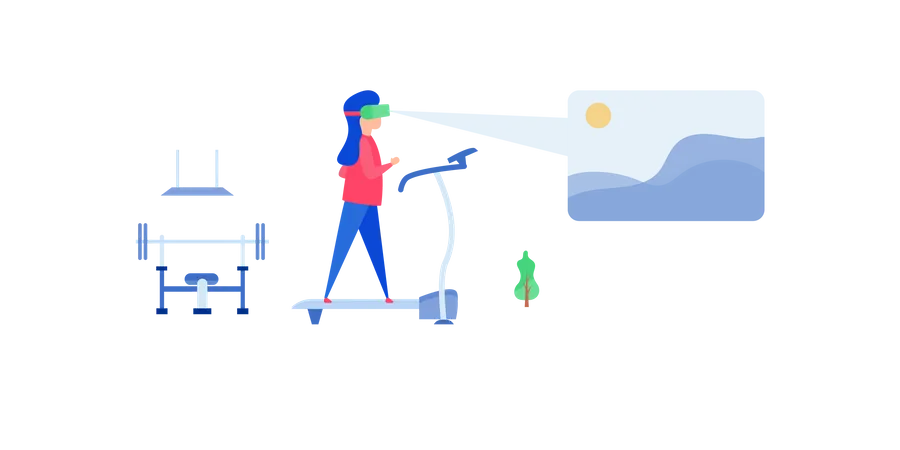 Lady working while watching video on vr glasses Illustration