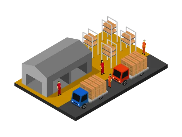 Lagerarbeiter laden Kisten in LKW  Illustration