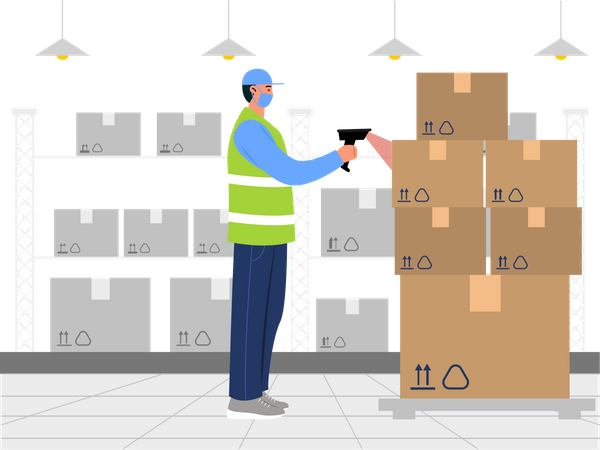 Lagermitarbeiter scannt Paket-Barcode  Illustration