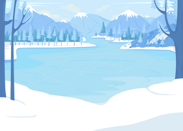 Lago congelado para patinar cercado por montanhas  Ilustração
