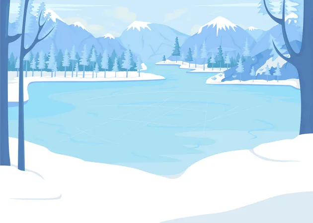 Lago Congelado Para Patinar Cercado Por Montanhas Ilustracao Vetorial De Cores Planas Retiro De Inverno Tempo Frio Aproveitando A Neve Fresca Paisagem De Desenho Animado Simples 2 D Nevado Com Montanhas No Fundo Ilustração