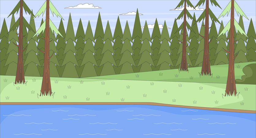 Lago tranquilo na floresta com pinheiros  Ilustração
