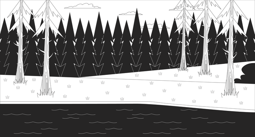 Lago tranquilo na floresta com pinheiros  Ilustração