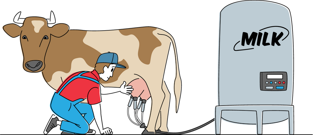 Laitier collectant le lait de vache à l'aide d'une machine à traire  Illustration