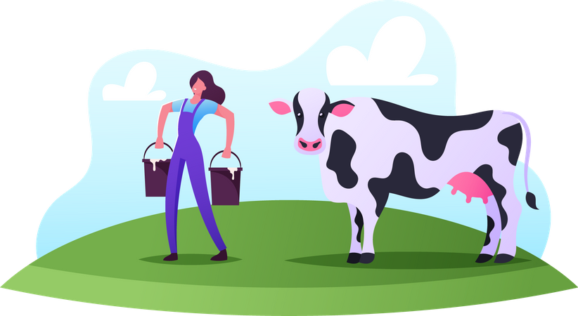 Seaux de femme laitière après la traite de la vache  Illustration