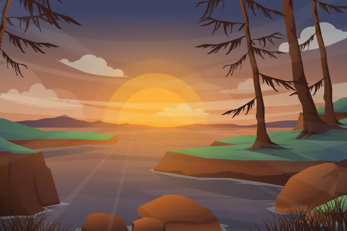 Lake and Mountain with sunset landscape Illustration
