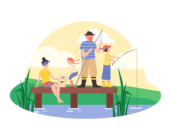 Lake bank with family fishing together  Illustration