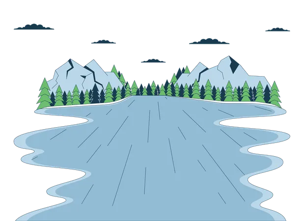 Lake Forest Mountains Line Cartoon Flat Illustration Pine Trees River Mountainside 2 D Lineart Landscape Isolated On White Background Wilderness Water Peaceful Outdoors Scene Vector Color Image Illustration