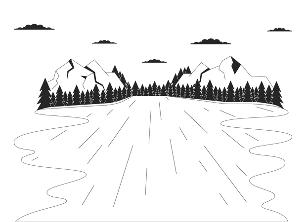 Lake Forest Mountains Black And White Cartoon Flat Illustration Pine Trees River Mountainside 2 D Lineart Landscape Isolated Wilderness Water Peaceful Outdoors Monochrome Scene Vector Outline Image Illustration