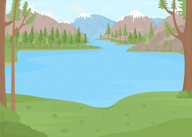 Lake Surrounded By Snow Capped Mountains Flat Color Vector Illustration Waterfront Vacation Romantic Getaway Along Water 2 D Simple Cartoon Landscape With Green Spruces On Background Illustration