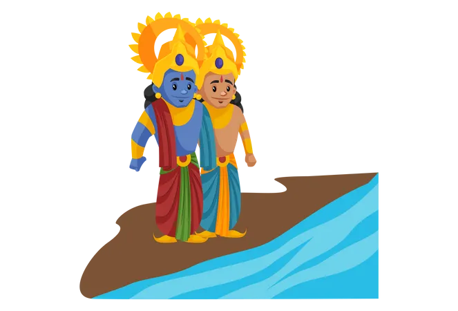 Lakshmana e Lord Ram em pé na praia  Ilustração