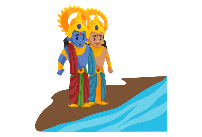 Lakshmana y Lord Ram parados en la playa  Ilustración