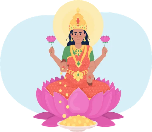 Lakshmi Goddess On Lotus Flower 2 D Vector Isolated Illustration Beautiful Hindu Deity Flat Character On Cartoon Background Buddhism Colourful Editable Scene For Mobile Website Presentation Illustration