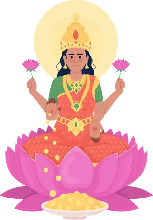 Lakshmi Goddess Semi Flat Color Vector Character Editable Figure Full Body Person On White Diwali Celebration Hinduism Simple Cartoon Style Illustration For Web Graphic Design And Animation Illustration