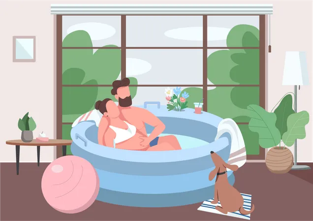 Lamaze Class Flat Color Vector Illustration Pregnant Woman Sit Warm Water With Man Alternative Birth Method In Pool Wife And Husband 2 D Cartoon Characters With Interior On Background Illustration