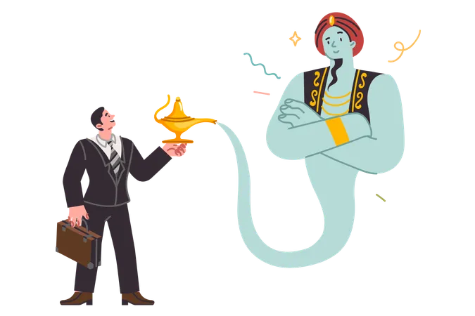 Lamp with aladdin in hands of businessman who has found magical way to achieve commercial goals  Illustration