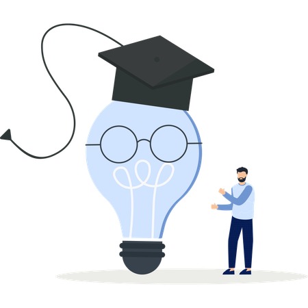 Lâmpada com chapéu de formatura e homem apresentando conhecimento e aprendizado  Ilustração