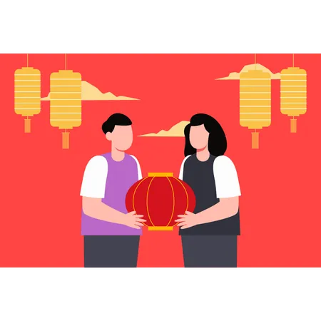 Menino e menina segurando uma lâmpada chinesa  Ilustração