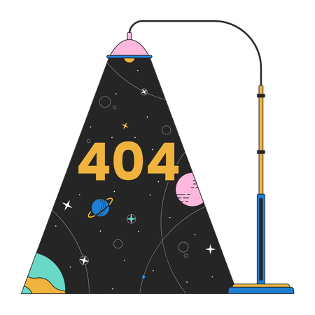 Message flash d'erreur 404 de la galaxie des planètes lumineuses de lampadaire  Illustration