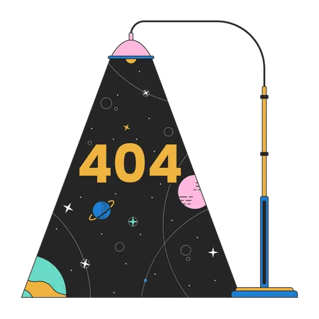 Message flash d'erreur 404 de la galaxie des planètes lumineuses de lampadaire  Illustration