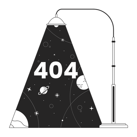 Message flash d'erreur 404 de la galaxie des planètes lumineuses de lampadaire  Illustration