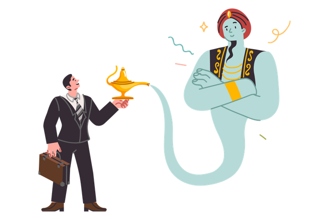 Lampe avec Aladdin entre les mains d'un homme d'affaires qui a trouvé un moyen magique d'atteindre ses objectifs commerciaux  Ilustración