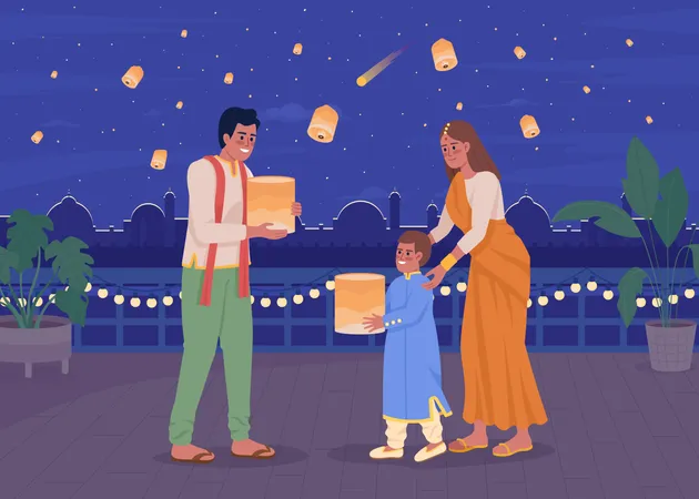 Famille lançant des lanternes célestes à Diwali  Illustration