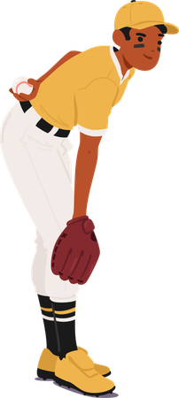 Lanceur de baseball concentré en maillot jaune et pantalon blanc tenant une balle  Illustration