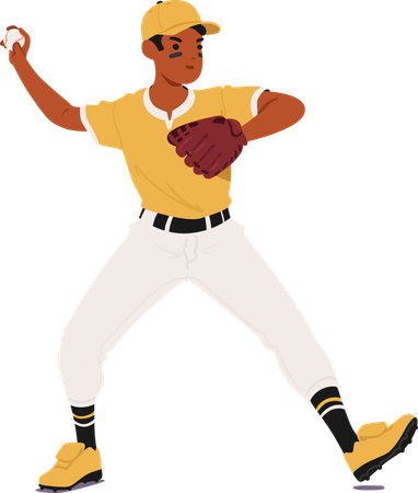 Personnage de lanceur de baseball en uniforme jaune se préparant à lancer la balle  Illustration