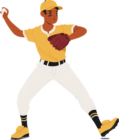 Personnage de lanceur de baseball en uniforme jaune se préparant à lancer la balle  Illustration