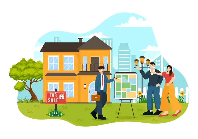 Land Broker Vector Illustration With Bridging Investors Or Buyers And Sellers Agent For Buy Rent And Sell Property In Flat Cartoon Background Illustration