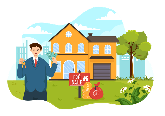 Land Broker standing with cash and house key  Illustration