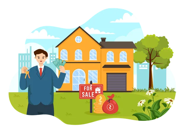 Land Broker standing with cash and house key  Illustration