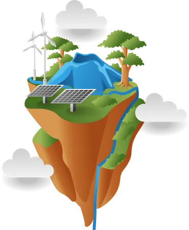 Land with solar panel and windmill energy  イラスト