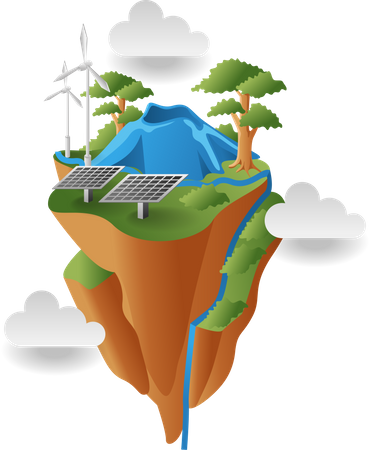 Land with solar panel and windmill energy  Illustration