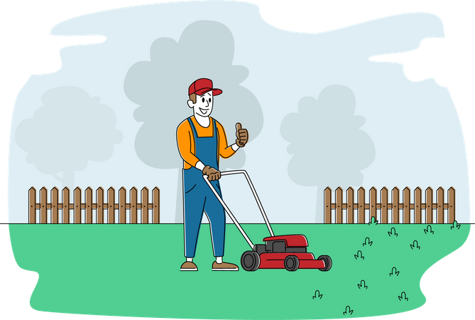 Häusler oder Arbeiter verwenden Rasenmäher zum Schneiden und Trimmen von Gras im Hinterhof  Illustration