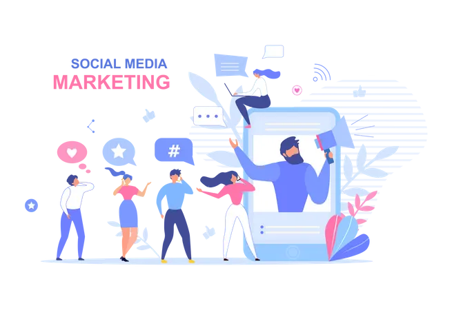 Landing Page Design Social Media Marketing Advertisement Man On Mobile Screen Announcing In Megaphone Special Offer Active People Network Users Group SMM Strategy Vector Flat Illustration Illustration