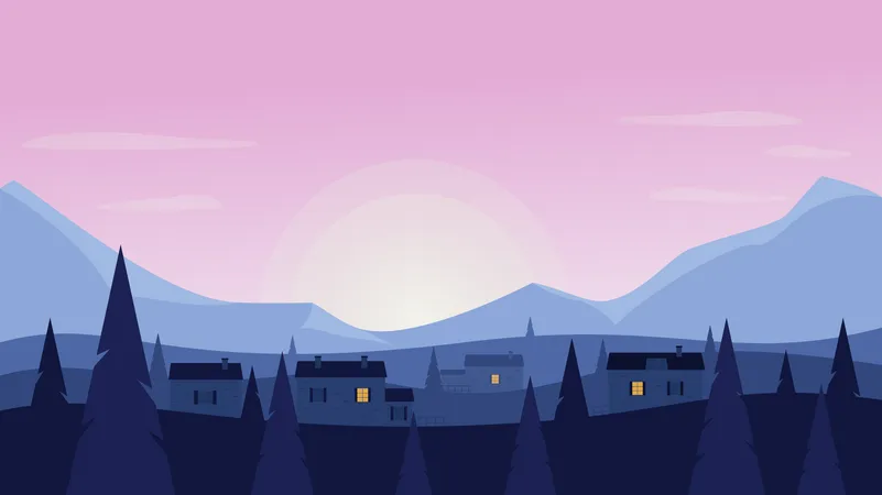 Landscape Mountains Town  Illustration