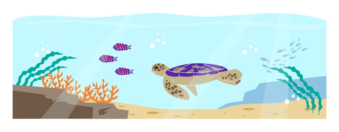 Landscape with turtle and fish shoal  Illustration