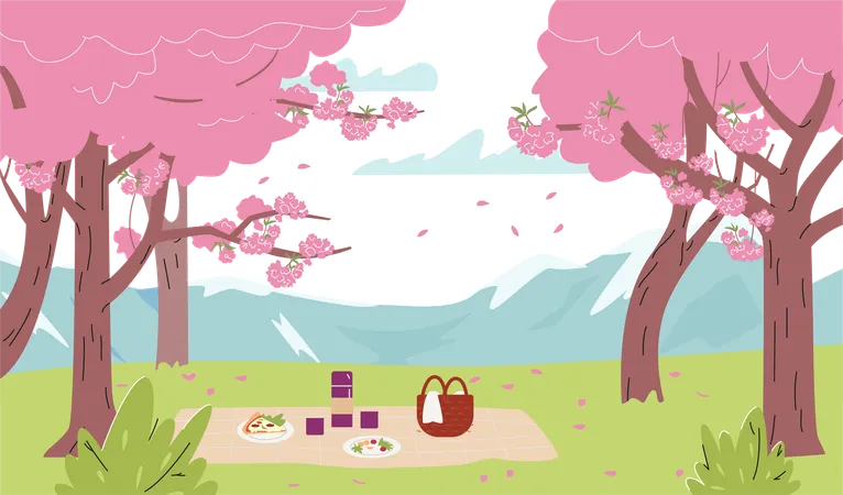 Landschaft mit blühenden japanischen Kirschbäumen oder Sakura-Blumenpark  Illustration