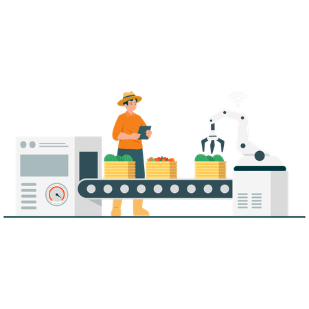 Landwirt arbeitet an einem robotergestützten Erntesortiersystem  Illustration