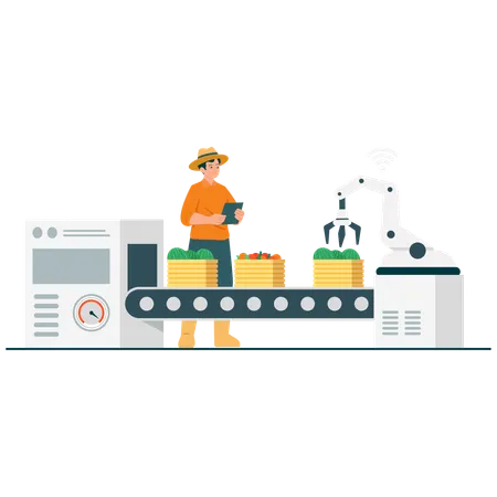 Landwirt arbeitet an einem robotergestützten Erntesortiersystem  Illustration