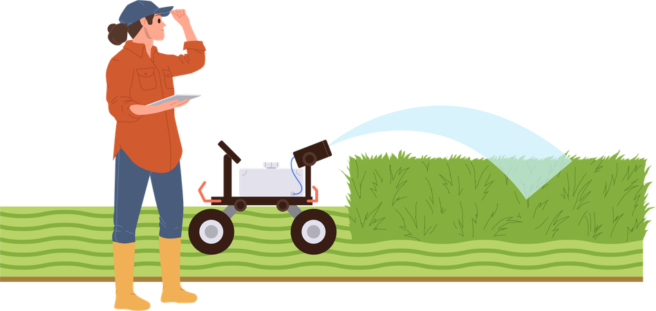 Landwirt arbeitet auf dem Feld mit ferngesteuerter elektronischer Bewässerungsmaschine  Illustration