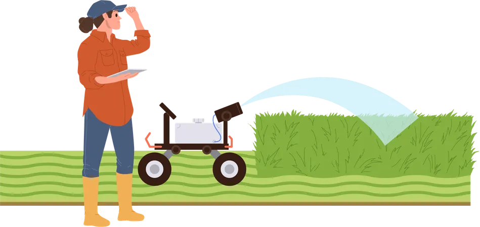 Landwirt arbeitet auf dem Feld mit ferngesteuerter elektronischer Bewässerungsmaschine  Illustration