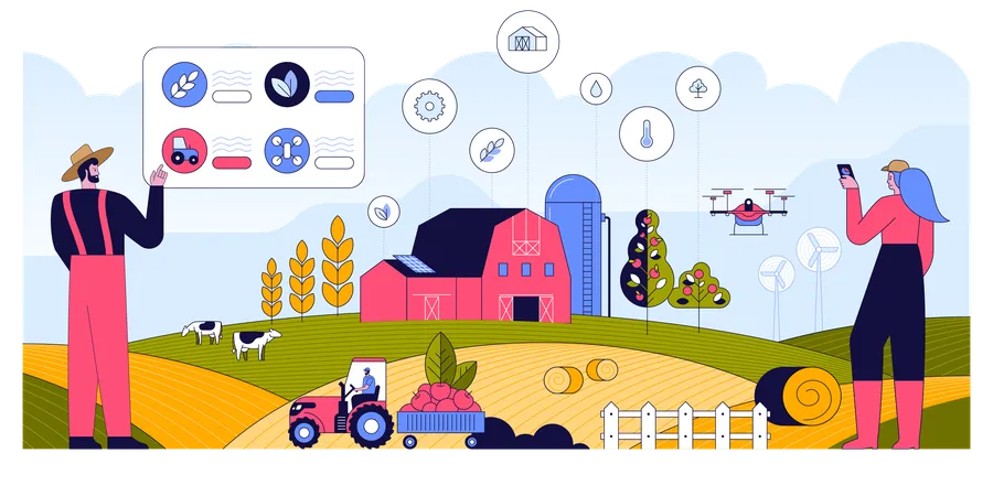 Landwirt betreibt Hof mit Smart-Farming-App  Illustration