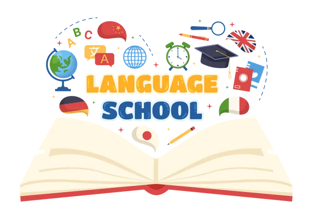 Language School Template Hand Drawn Cartoon Flat Illustration Of Online Learning Courses Training Program And Study Foreign Languages Abroad Illustration