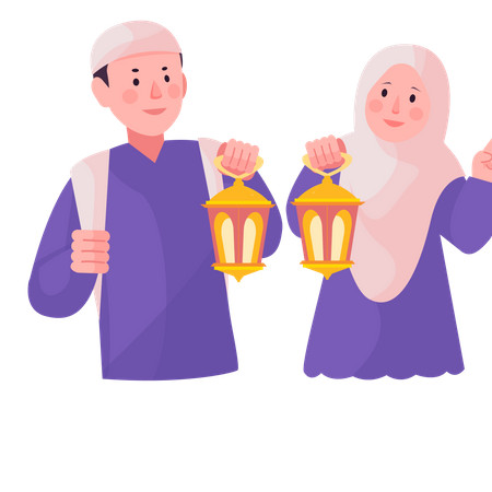 Casal muçulmano segurando lanterna  Ilustração